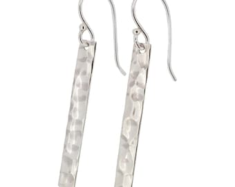 Sterling Silver Hammered Finish Bar Drop Earrings 925
