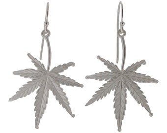 Sterling Silver Cannabis Leaf Drop Earrings 925