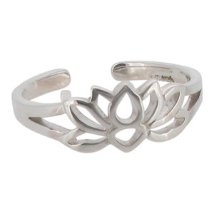 May include: Silver toe ring featuring a delicate lotus flower design. The ring is adjustable and open ended.