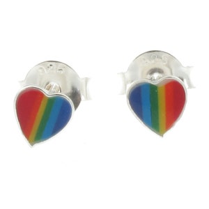 Sterling Silver Rainbow Stud Earrings Heart Design 925 and Enamel