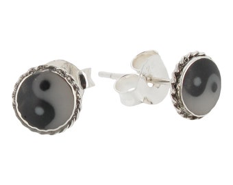 Sterling Silver Yin Yang Stud Earrings with Resin and Oxidized Detail