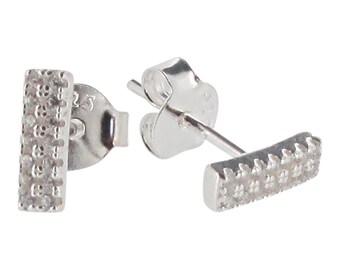 Sterling Silver Rectangular Bar Stud Earrings Set with CZ Crystal 925