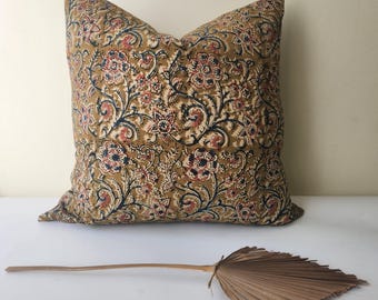 Handmade Floral Block Print Pillow Cover: Organic Cotton Boho Farmhouse Decor