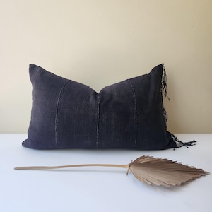 Authentic African Mudcloth Pillow Cover: Handwoven Black Boho Lumbar Cushion with Fringes