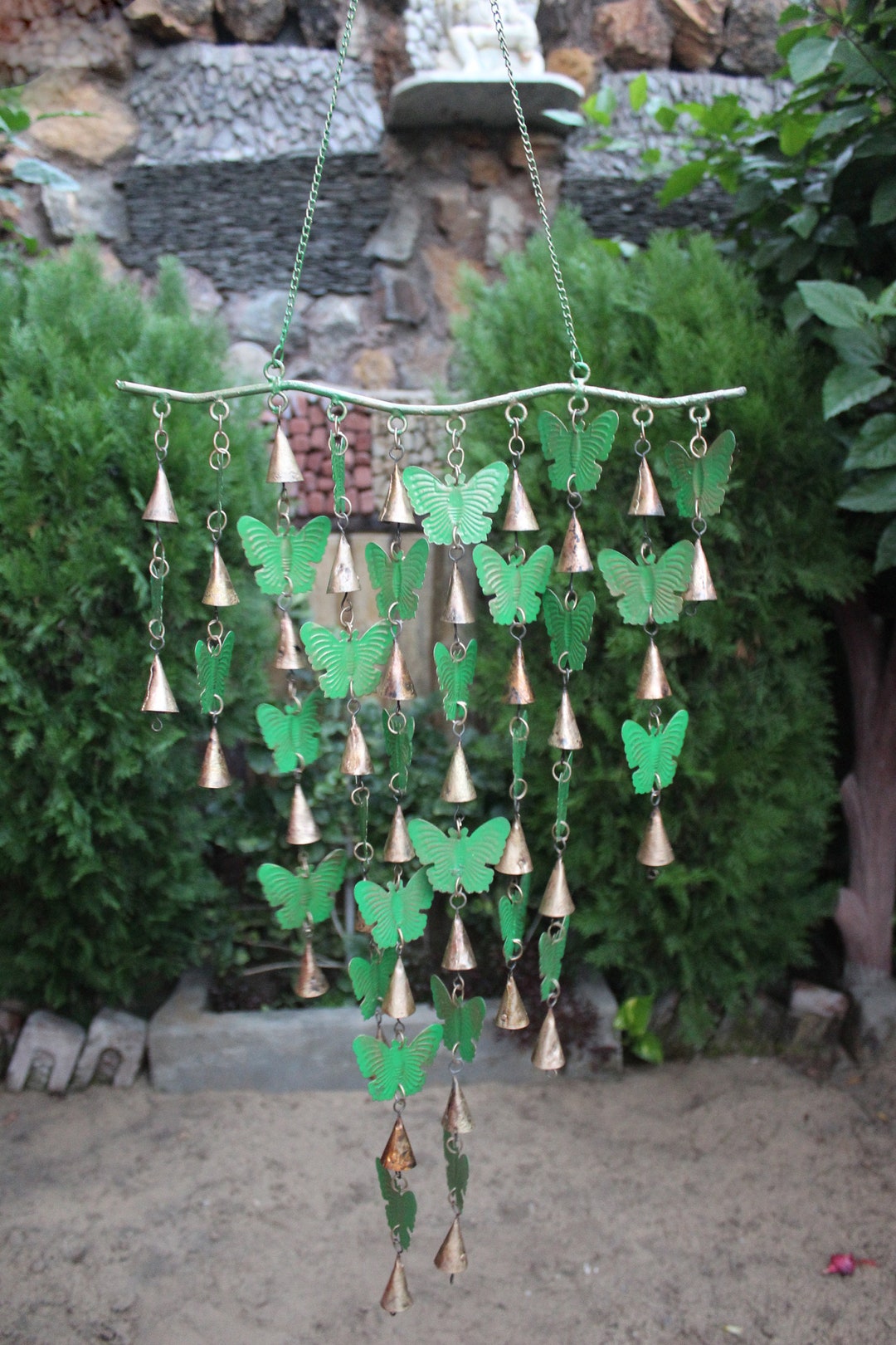 Handmade Recycled Iron Butterfly Shimmering Bells Wind Chimes Garden