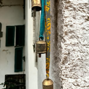 3 Vintage Tin cow bells Hanging Chime with Sari fabric , Multicolour , Garden Outdoor Patio Decoration Wind chime 100 cm Length