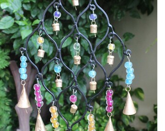 Recycled Iron Metal Bells Glass Beads Hanging Wind-chime Indoor Outdoor Patio Garden Decoration