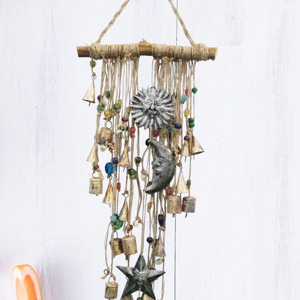 Handmade Boho Garden Hanging Chime Sun Moon Star Multi colour Beaded Wind chime Rustic Farmhouse , Patio Décor