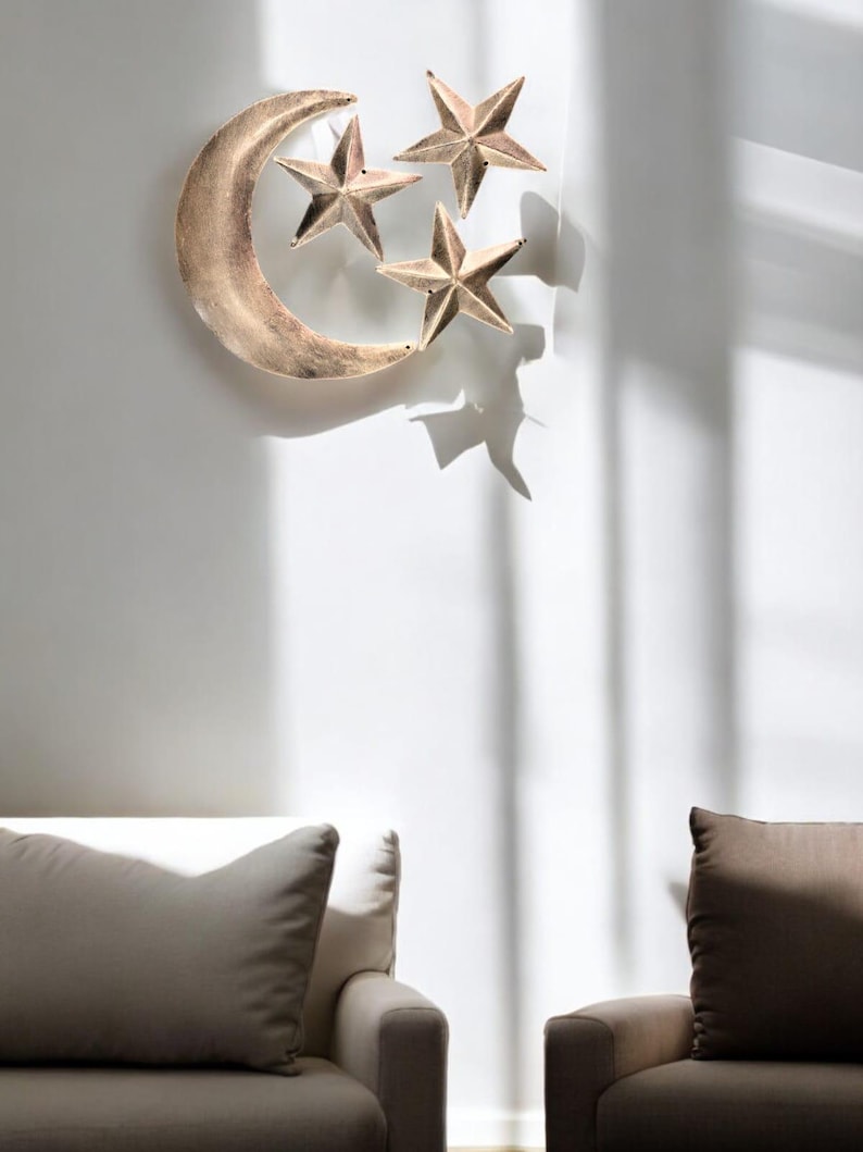 Rustic Moon Recycled Iron Moon and Stars, Antique Gold Celestial Wall Decor, 5 ...