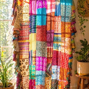 Boho Patchwork Curtain: Multicolor Gypsy Sari Fabric, Rod Pocket Drape 79" H x 47" W inch
