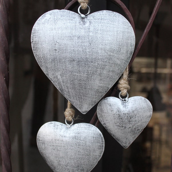 Indian Metal Heart Wall Hanging Ornaments Gifts Decorative Collectibles Handcrafted Set 3 Pieces Antique Silver Finish