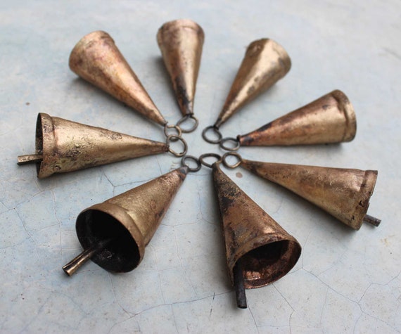 12 pcs Rustic Tin Bells for Crafts Handmade Cone Cow Bells