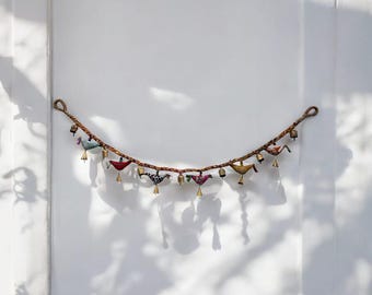 13 Vintage Tin Bells Hanging Bird Garland ,Indian Door Toran Multicolour Hippy Boho Décor 100 cm Length Traditional Door Hanging Decoration