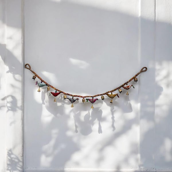 13 Vintage Tin Bells Hanging Bird Garland ,Indian Door Toran Multicolour Hippy Boho Décor 100 cm Length Traditional Door Hanging Decoration