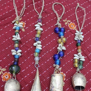 Christmas Tree Hanging Ornaments Bells Chimes with beads and shells , Set of 4 Pieces , Holiday Decoration Home Decor Gifts