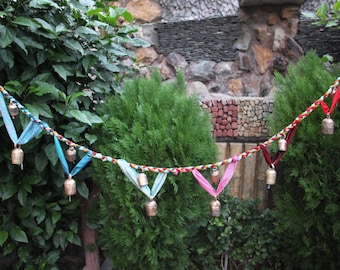 14 Vintage Tin Bells Hanging Boho Decor  Garden Outdoor Indoor Patio Decoration 130 cm Length