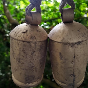 Recycled Iron Handmade Antique Rustic Cow Bells Vintage Chimes set of 2 Pieces with Jute Handle
