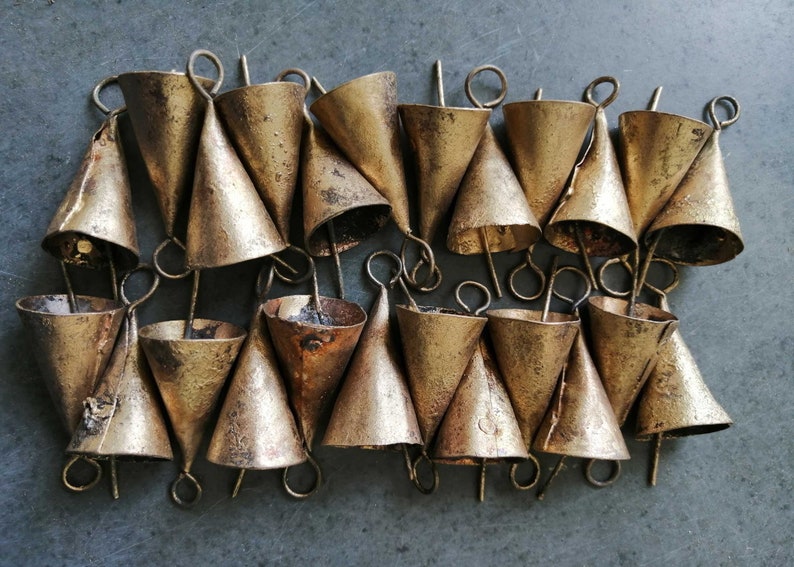 Handmade Indian Bells Vintage Bells for Crafts Recycled Iron Tin Cow Bells for Wind Chimes Size 1.75 Inch Height 24 Pieces image 1