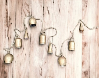 Antique Gold Rustic Bell Garland, Handmade Jute Rope Chime (65" Height)