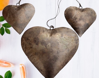Indian Metal Heart Wall Hanging Ornaments Valentine Gifts Decorative Collectibles Set of 3 Pieces Large Size