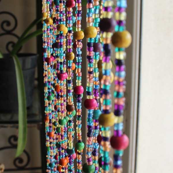Bohemian Hippy Beaded Curtain for Doorways Multicolour Glass Beads Stands 76" inch Length Gemstones , Bell Strings Boho Home Decor Ornaments