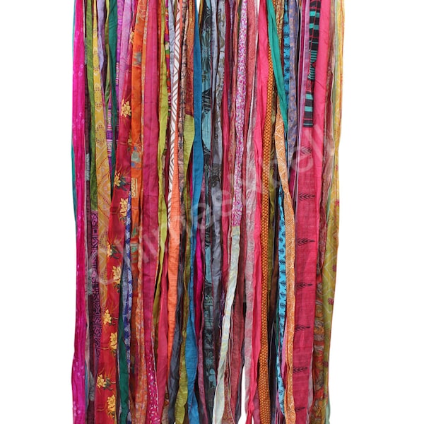 Soie recyclée sari boho toile de fond gitane hippie hippie sari tissu ruban rideaux drapé panneaux bohème décor à la maison