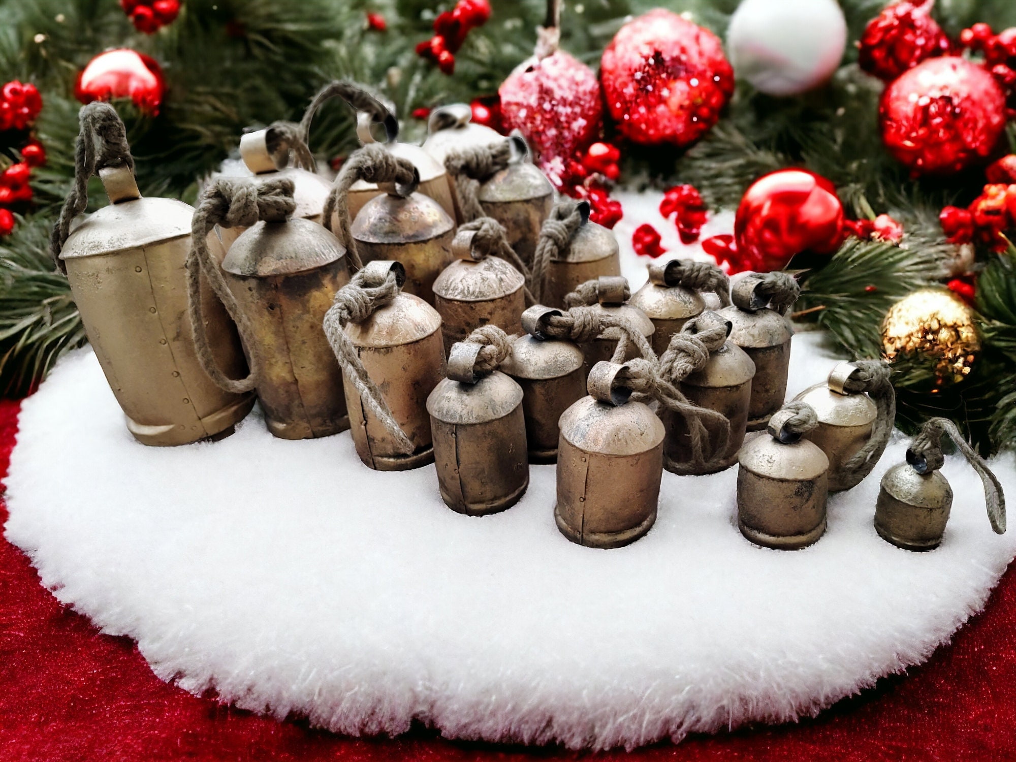 Akatva Large Vintage Gold Cow Bells for Rustic Christmas Decor - Set of 4 Bells on Rope