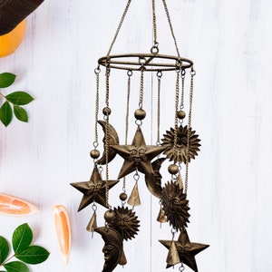 Sun Moon Star Round Wind Chime Zodiac wind chime Sun Hanger Bronze Color Antique Look Indian Metal Crafts