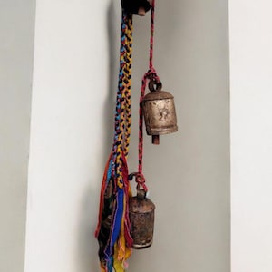 3 Large Rustic Giant Cow Bells with braided old sari fabric hanging chime decoration , Bohemian Theme Rustic Farmhouse Country Décor 40&quot; H