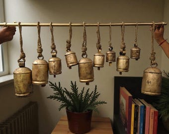 Set of 10 Giant Cow Bells Vintage Barn Handmade Rustic Harmony Bell with Wall Mount Stand Antique Gold Finish, Country Farmhouse Patio Decor