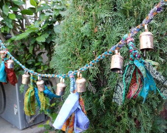 10 Vintage Tin Bells Hanging Boho Decor  Garden Outdoor Indoor Patio Decoration 132 cm Length
