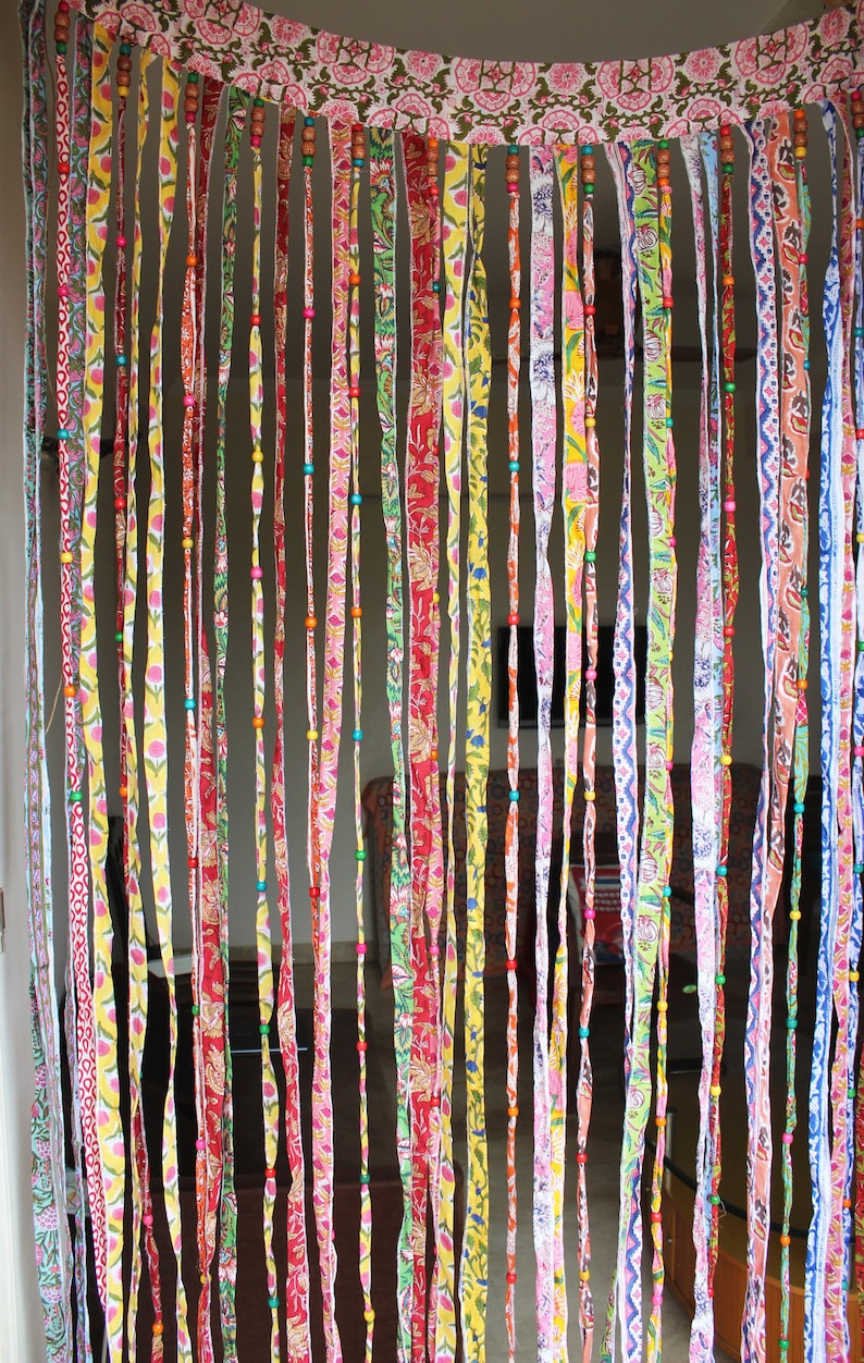 Handmade 100%Cotton Bohemian Hippie Beaded Window Curtain Multicolour Boho Rod Pocket Front Door Decor Curtains image 3
