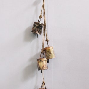 4 Vintage Bells Hanging Chime Mobile String Decoration 40 cm Length Bells & Beads with Jute Rope , Rustic Farmhouse Country Home Décor