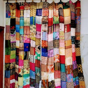 Vintage old recycled silk sari saree patchwork boho hippie bedroom curtains multicolour 88 x 48 Inch Pair