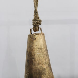 Recycled Iron Indian Cow Bell 7&quot; Height Antique Look Indian Metal Craft Antique Gold Finish with Wooden Clapper and Jute handle
