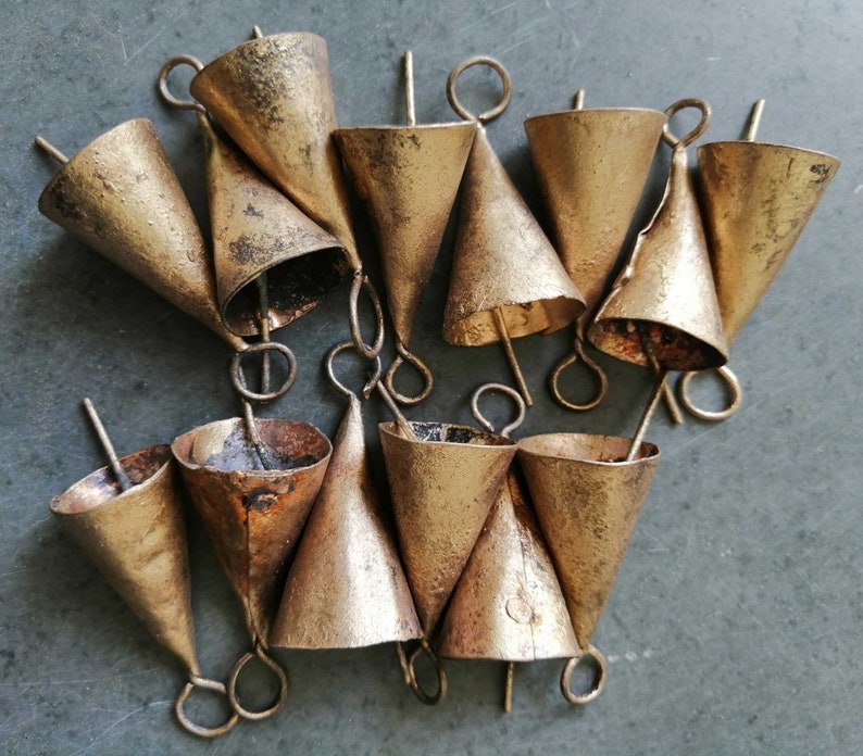 Handmade Indian Bells Vintage Bells for Crafts Recycled Iron Tin Cow Bells for Wind Chimes Size 1.75 Inch Height 24 Pieces image 2