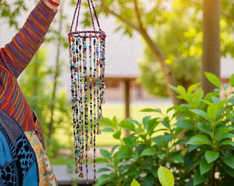 Bohemian Glass Beaded Wind Chime with Tin Bells, Patio Decor