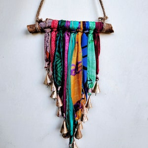 Recycled Silk Sari Saree Wall Hanging Boho Home Decoration Hippy Hippie Wall Art Wind chime Mobile Sun Catcher