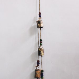 4 Vintage Bells Hanging Chime Mobile String Decoration 70 cm Length Bells & Beads with Jute Rope , Rustic Farmhouse Country Home Décor