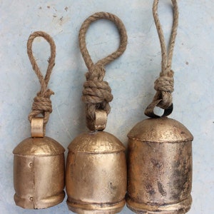 Recycled Iron Tin Cow Bells 3 Pieces Set Size 4" , 5" & 6" Height Antique Gold Finish Wooden Clapper