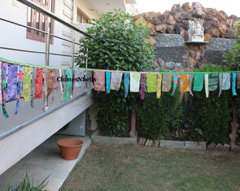 Recycled Silk Sari Fabric Bunting Party Garland, 7 Meter Boho Patio Garden Decoration