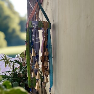 Old Silk Sari and Tin Bells Bohemian Theme Wind chime bells decoration for Patio , Yard and Garden Decoration , Sun Catcher 30&quot; Inch Height
