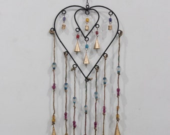 Wind chime with Hearts and Bells Recycled Iron 16" inches Love Gifts