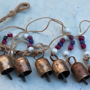 6 Vintage Bells Hanging Chime Mobile String Decoration 76 cm Length Bells on Jute Rope