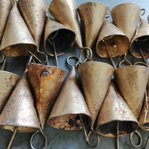 Handmade Indian Bells Vintage Bells for Crafts Recycled Iron Tin Cow Bells for Wind Chimes Size 1.75 Inch Height 24 Pieces image 4