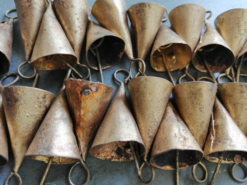 Handmade Indian Bells Vintage Bells for Crafts Recycled Iron Tin Cow Bells for Wind Chimes Size 1.75 Inch Height 24 Pieces image 4