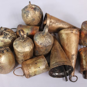 Recycled Iron Tin Cow Bells  2.75&quot; Inches Height Bronze colour Antique Look Rustic Bells Chimes Assortment 12 Pieces