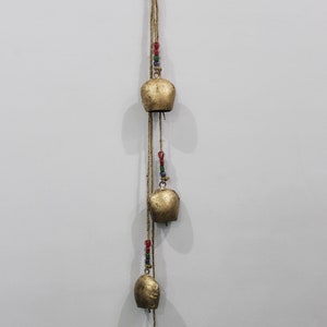 4 Vintage Bells Hanging Chime Mobile String Decoration 95 cm Length Bells on Jute Rope with Glass Beads Farmhouse Country Décor