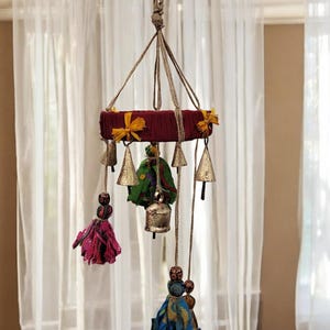 Old Silk Sari and Tin Bells Bohemian Theme Wind chime bells decoration for Patio , Yard and Garden Decoration , Sun Catcher 24&quot; Inch Height