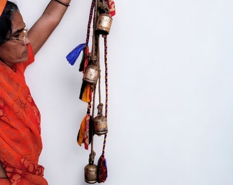 Multicolour Bohemian Iron Cow Bells Wind Chimes, With Recycled Sari Fabric Colorful Braids